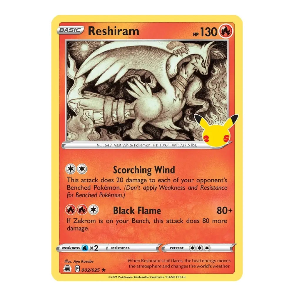 A single Pokémon trading card for Reshiram from the Basic set, shown against a plain white background. The card has a yellow border, an orange-to-red gradient text area, and artwork of a dragon-like creature in black and white.