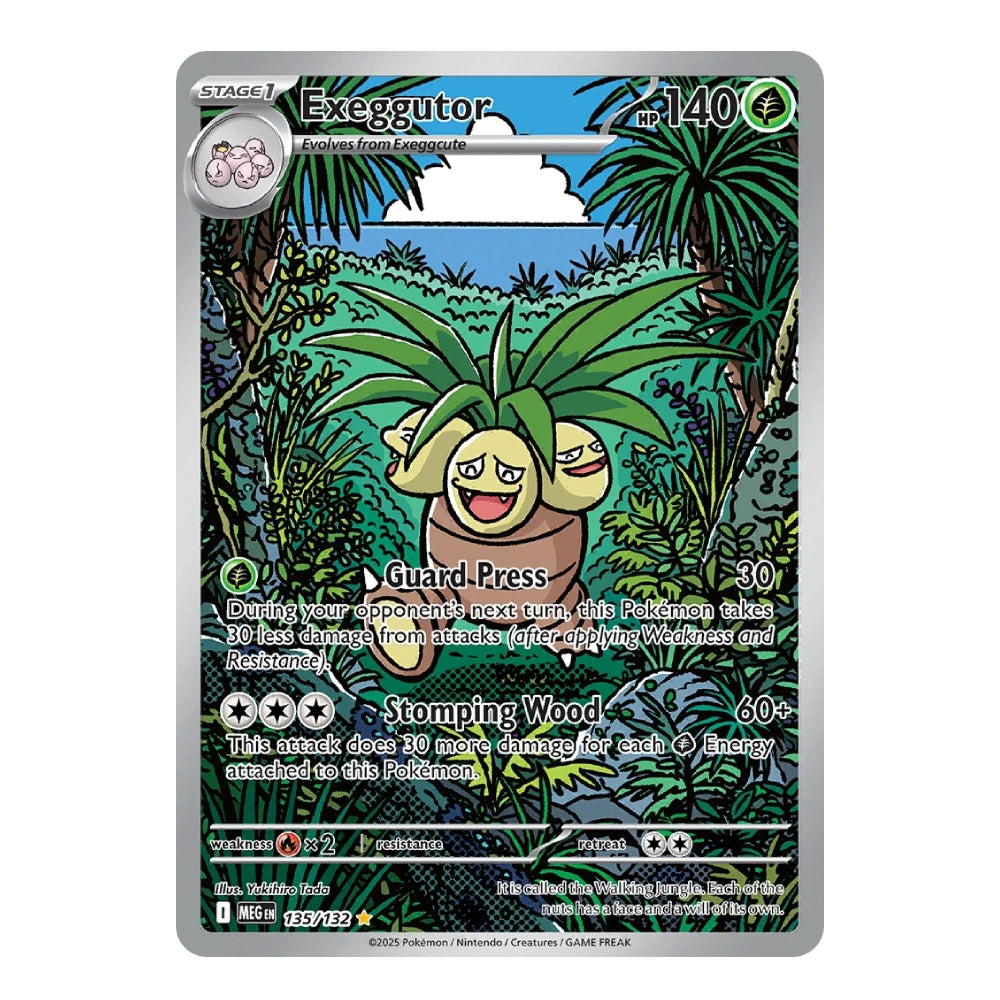 A Pokémon trading card featuring Exeggutor from the Emerald Gardens expansion, with a silver border and colorful jungle artwork.