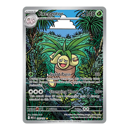 A Pokémon trading card featuring Exeggutor from the Emerald Gardens expansion, with a silver border and colorful jungle artwork.
