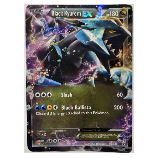 A holographic Pokémon trading card featuring Black Kyurem EX from the Basic set, with a black and blue creature illustration, purple lightning effects, and game text including 'Slash 60' and 'Black Ballista 200'.