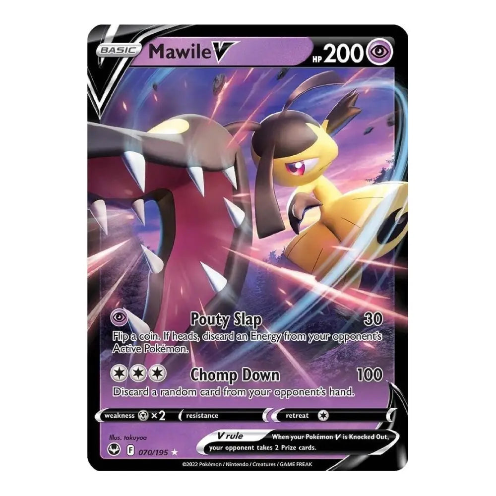 A single Pokémon trading card for Mawile V, shown against a plain white background. The card features artwork of Mawile in yellow and black with purple energy effects, and the Pokémon and Trading Card Game logos are visible.