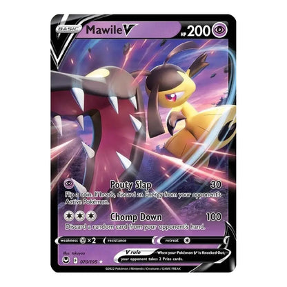 A single Pokémon trading card for Mawile V, shown against a plain white background. The card features artwork of Mawile in yellow and black with purple energy effects, and the Pokémon and Trading Card Game logos are visible.