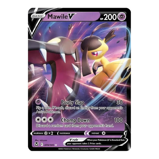 A single Pokémon trading card for Mawile V, shown against a plain white background. The card features artwork of Mawile in yellow and black with purple energy effects, and the Pokémon and Trading Card Game logos are visible.