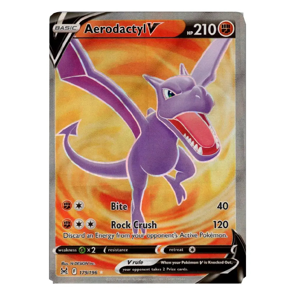 A single Aerodactyl V trading card from the Pokémon Basic set, featuring a purple dragon illustration on a yellow-orange background with game text and stats visible.