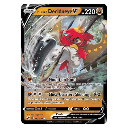 A single Pokémon trading card featuring Hisuian Decidueye V, a Level 100 Razzard, with artwork of a red-haired bird-like creature in a snowy forest. The card includes stats, attack text, and a black border on a white background.