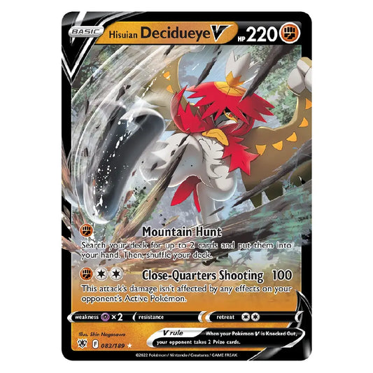 A single Pokémon trading card featuring Hisuian Decidueye V, a Level 100 Razzard, with artwork of a red-haired bird-like creature in a snowy forest. The card includes stats, attack text, and a black border on a white background.
