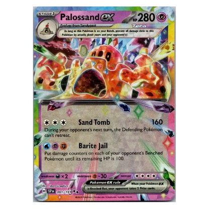 A single Pokémon trading card featuring Palossand EX, with colorful artwork of a desert-like creature and game text including HP 280, Sand Tomb, and Barite Jail.