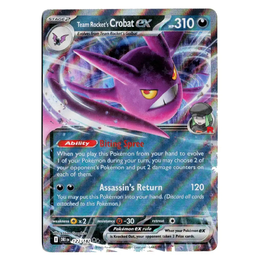 A single Pokémon trading card featuring Team Rocket's Crobat ex, with a purple and pink illustration, holographic foil, and printed game text on a white background.