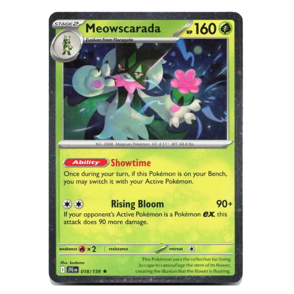 A single Pokémon trading card featuring Meowscarada, with a yellow-green lower text area, character artwork at the top, and a black border on a plain white background.