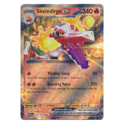 A holographic Pokémon trading card featuring SKELEDIRGE EX, a Stage 2 Fire-type Pokémon with a 340 HP count, displayed against a clean white background.