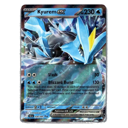 A single Pokémon trading card featuring Kyurem EX from the EX Evolution set. The card shows Kyurem with icy blue and black coloring and a small yellow accent, with the name 'KyuremEX' at the top and attack text including 'Blizzard Burst' and damage values.