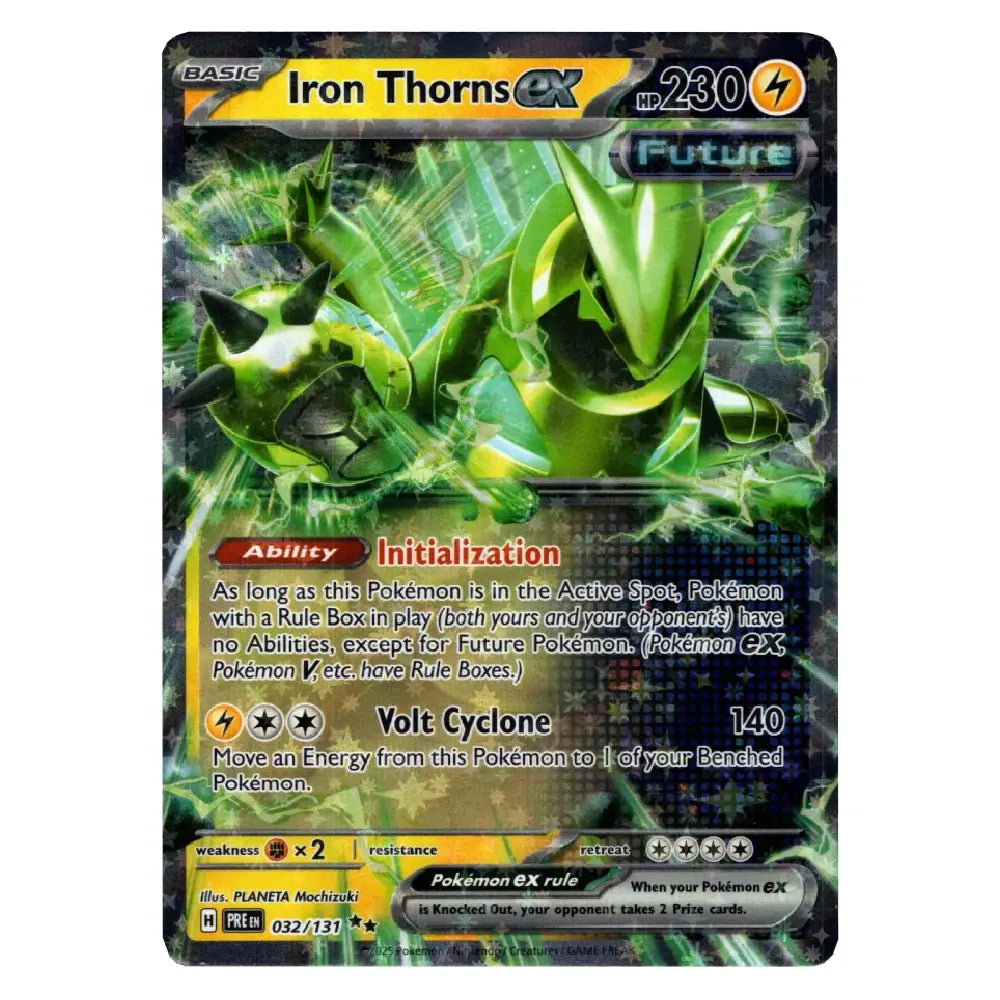 A single Pokémon trading card for Iron Thorns EX from the Future EX expansion, featuring a green armored insect-like creature on a dark metallic card face with visible text and game-related details.