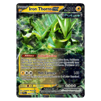 A single Pokémon trading card for Iron Thorns EX from the Future EX expansion, featuring a green armored insect-like creature on a dark metallic card face with visible text and game-related details.