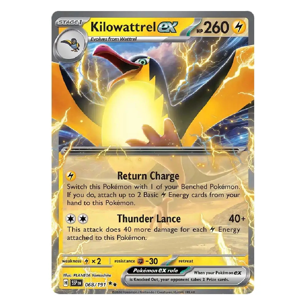A single Pokémon trading card featuring Kilowattrel EX from the Eevee expansion. The card has a gray border, a yellow and orange energy cost at the top, and artwork of a bird with lightning effects on a dark blue and yellow background.
