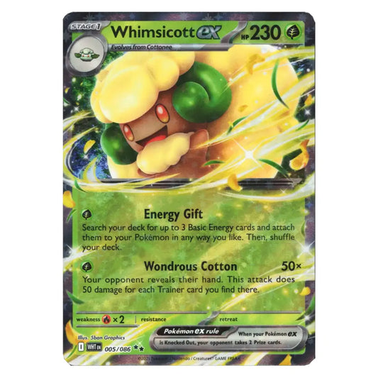 A single Pokémon trading card featuring Whimsicott EX, a Stage 1 character card from the Emerald Gardens expansion. The card has a green and yellow color scheme with dynamic artwork of the character and text detailing its 'Energy Gift' and 'Wondrous Cotton' abilities.