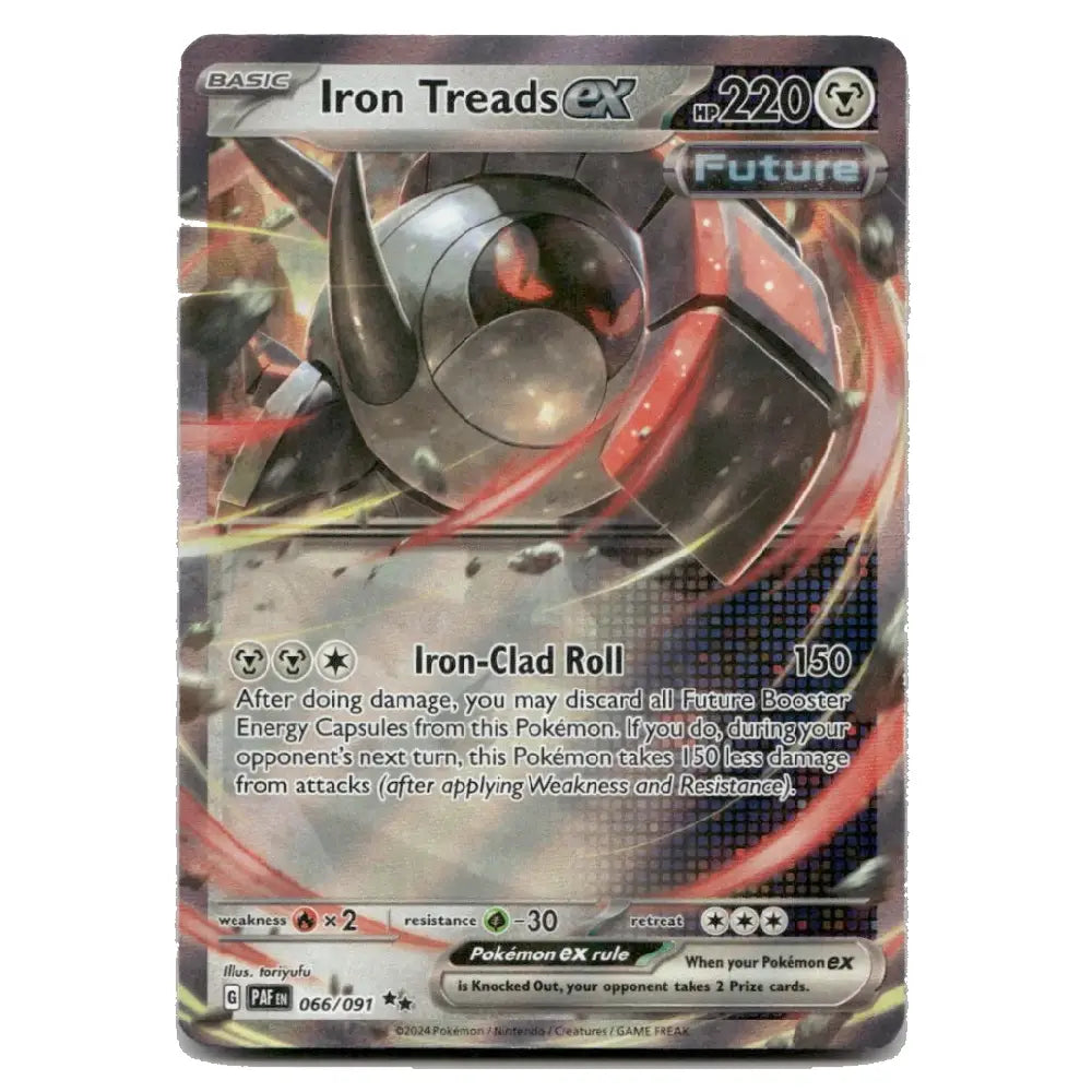 A single Pokémon trading card for Iron Treads EX from the Future expansion, featuring artwork of the character with red and black armor on a dark background.