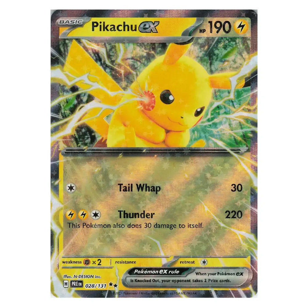 A single Pokémon trading card featuring Pikachu EX from the EX进化 set. The card has a black border, a yellow Pikachu illustration with lightning effects, and game text including Tail Whip and Thunder.