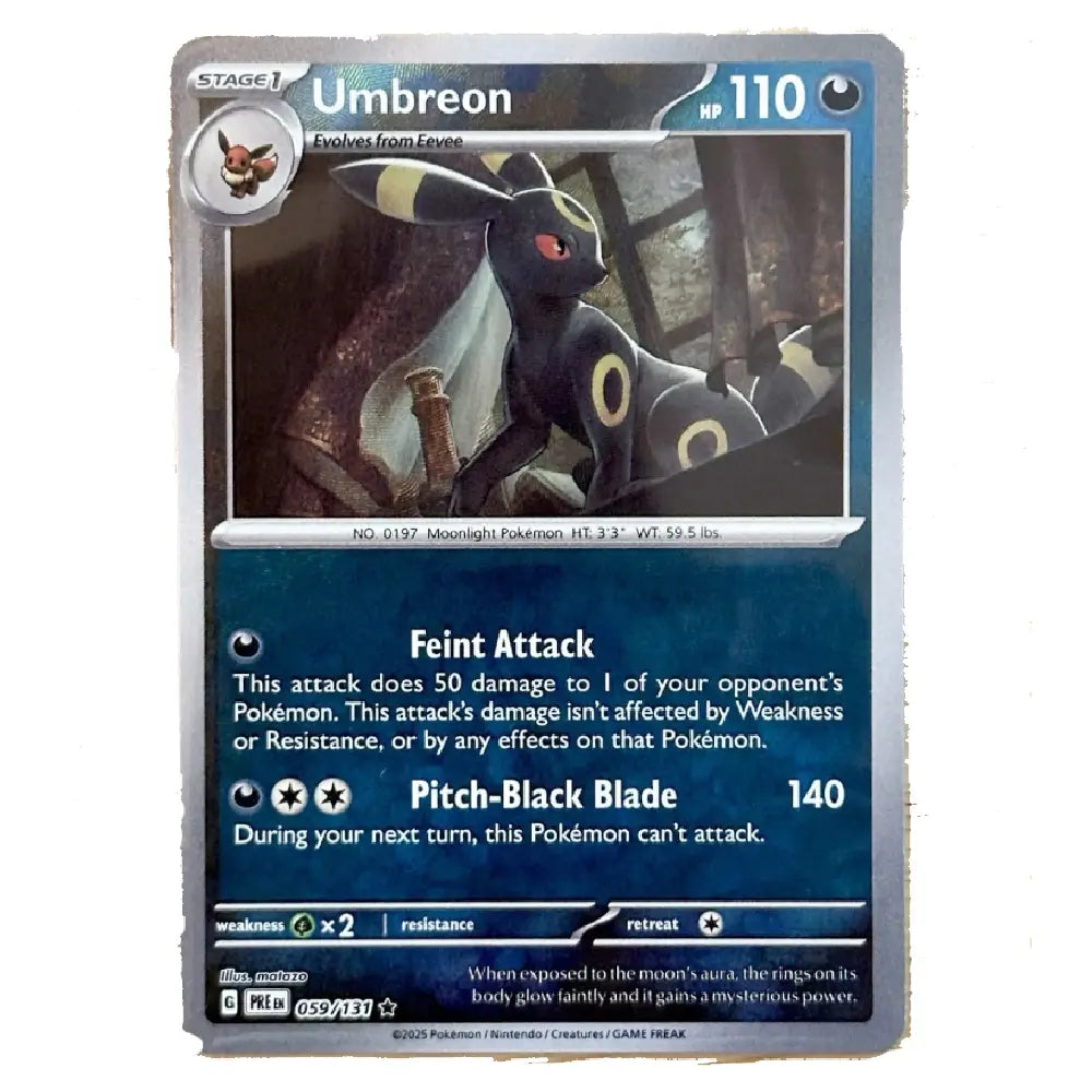 A single Pokémon trading card for Umbreon, shown flat against a plain white background. The card features Umbreon artwork, stage and level indicators, and the text for its attacks and weaknesses.