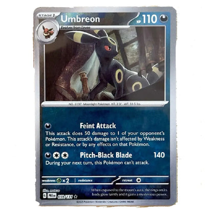 A single Pokémon trading card for Umbreon, shown flat against a plain white background. The card features Umbreon artwork, stage and level indicators, and the text for its attacks and weaknesses.