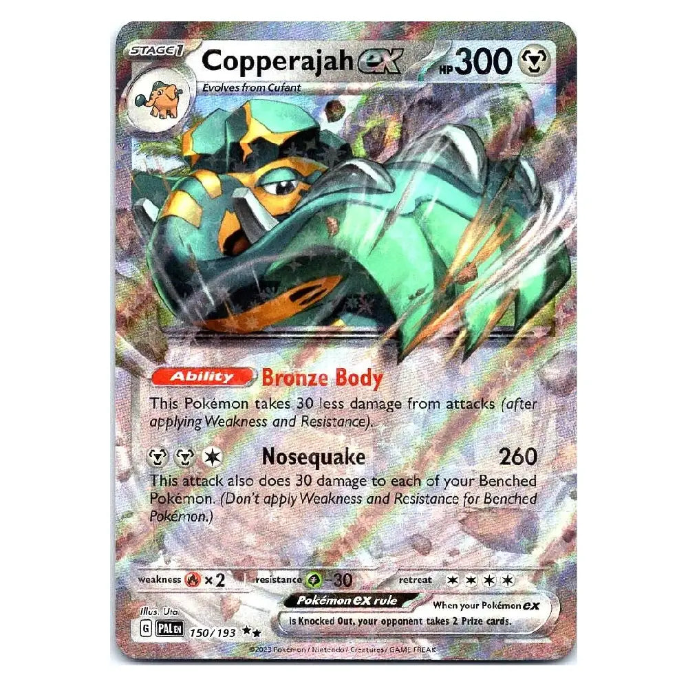 A single Pokémon trading card featuring Copperajah EX, a Stage 1 Steelix-style Pokémon with a bronze body and green accents. The card includes attack text such as Bronze Body and Nosequake, a 300 HP indicator, and a holographic foil finish with reflective iridescent sheen.