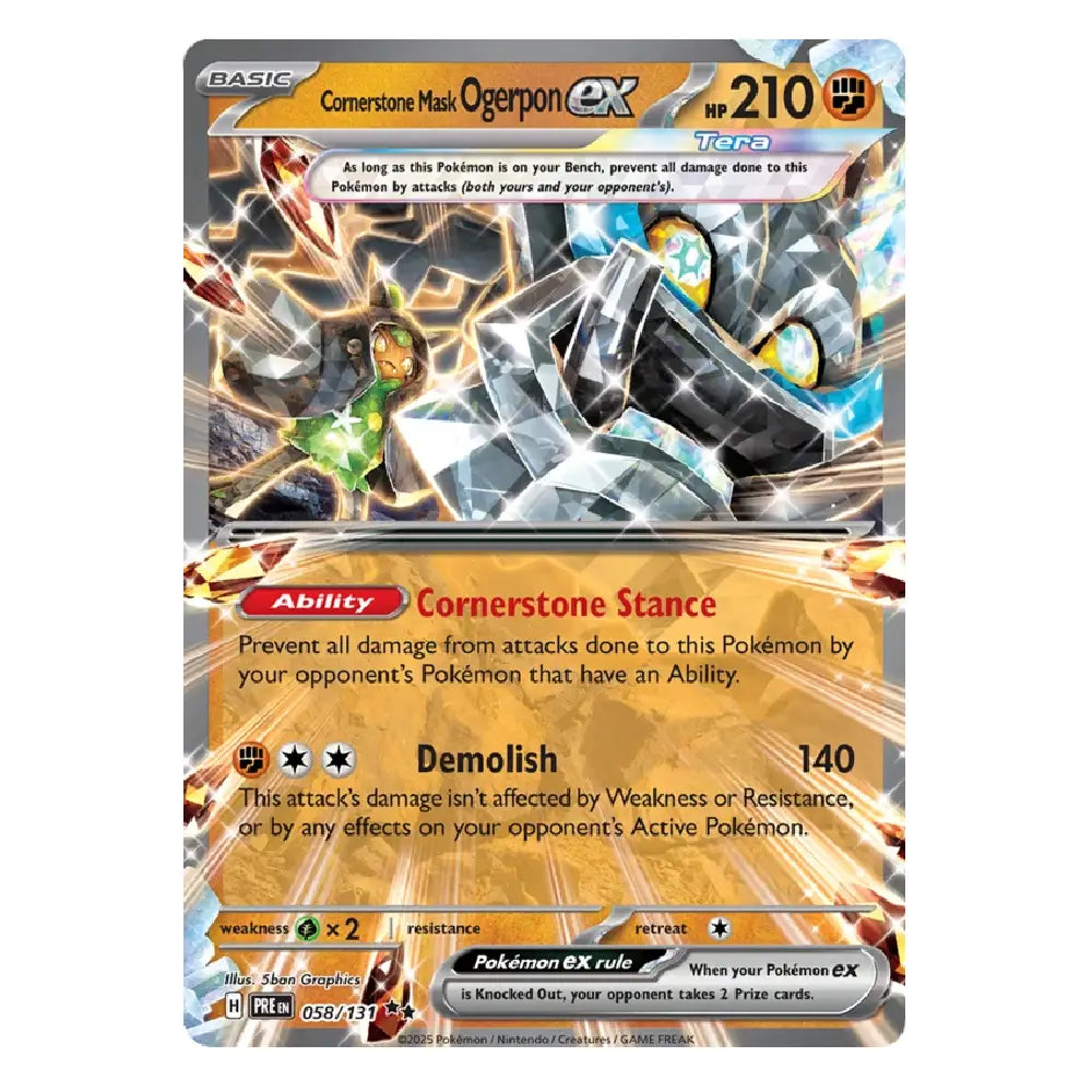 A single Pokémon trading card for Cornerstone Mask Ogerpon EX from the EX进化 expansion, featuring dynamic artwork of a black and gray stone-like Pokémon with blue and yellow accents, on a white background.