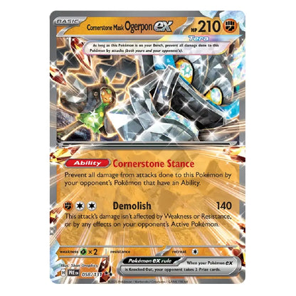 A single Pokémon trading card for Cornerstone Mask Ogerpon EX from the EX进化 expansion, featuring dynamic artwork of a black and gray stone-like Pokémon with blue and yellow accents, on a white background.