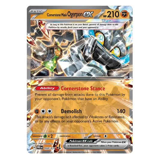 A single Pokémon trading card for Cornerstone Mask Ogerpon EX from the EX进化 expansion, featuring dynamic artwork of a black and gray stone-like Pokémon with blue and yellow accents, on a white background.