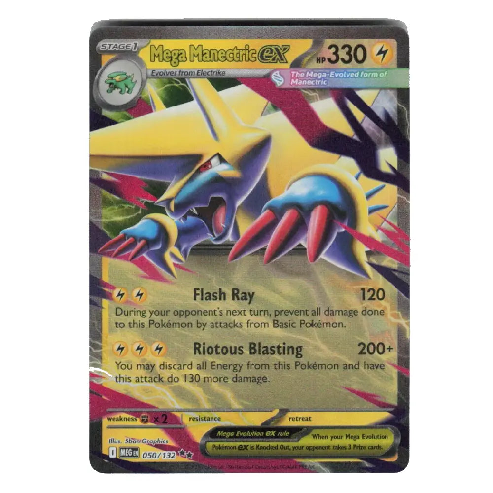A single Pokémon trading card featuring Mega Manectic EX, with artwork of a yellow, blue, and purple robotic creature. The card includes attack text such as Flash Ray and Riotous Blasting, and is photographed against a plain light background.