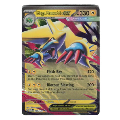 A single Pokémon trading card featuring Mega Manectic EX, with artwork of a yellow, blue, and purple robotic creature. The card includes attack text such as Flash Ray and Riotous Blasting, and is photographed against a plain light background.
