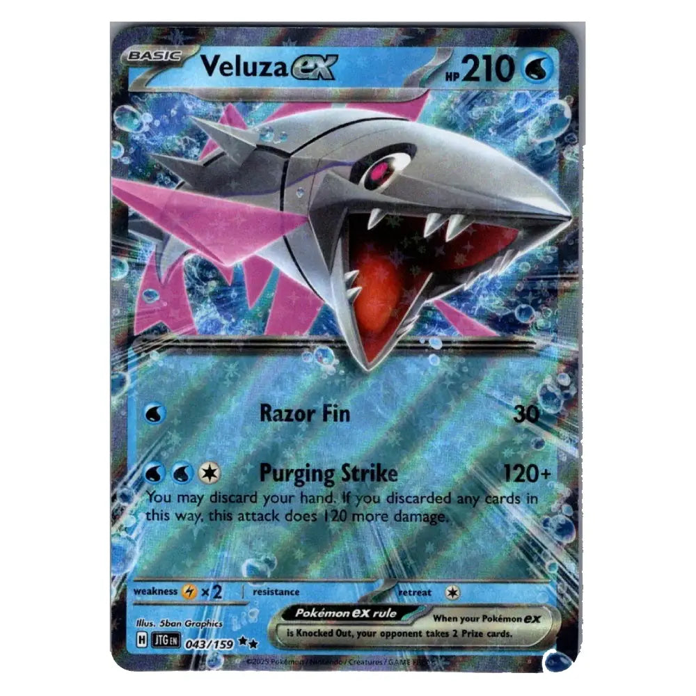 A single Pokémon trading card featuring Veluza EX from the Silver Tempest expansion. The card has a holographic blue and silver background with an illustration of the shark-like Pokémon in pink, silver, and red.