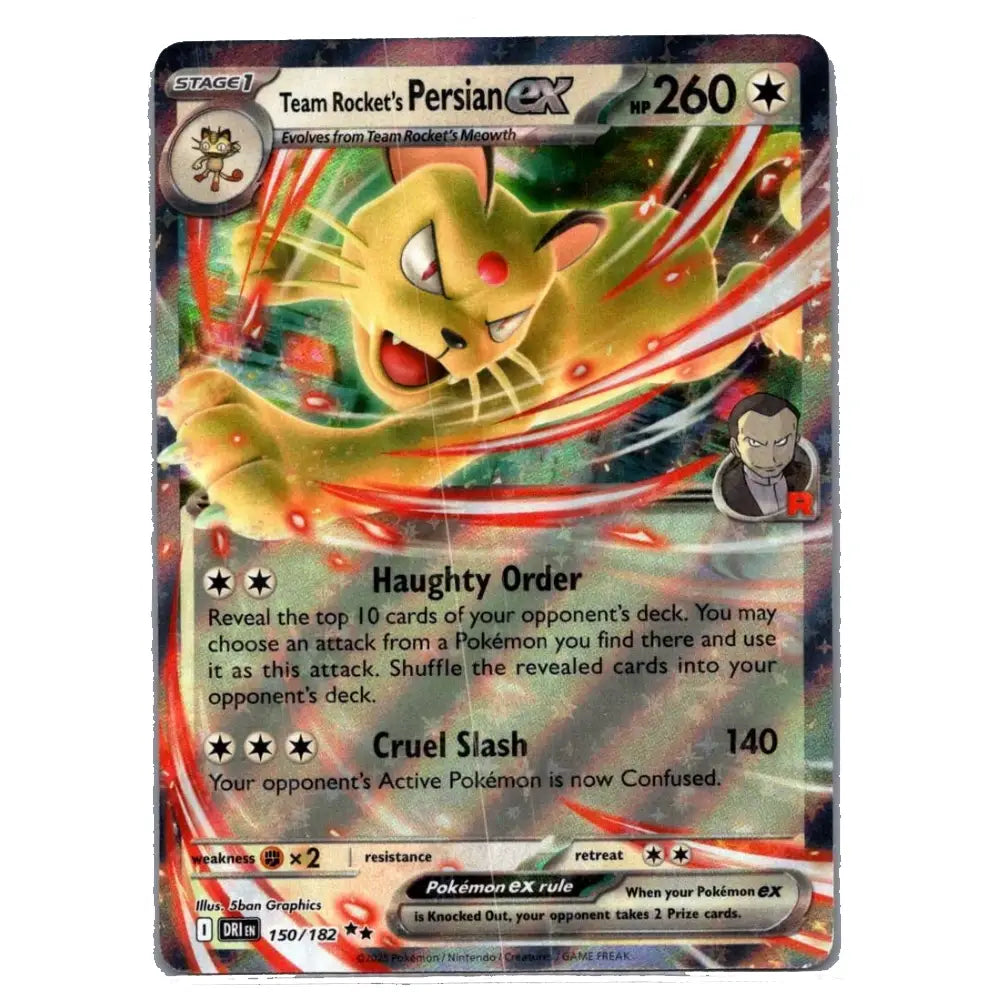 A single Pokémon trading card featuring Team Rocket's Persian EX, with artwork of a yellow Persian surrounded by red energy effects, shown against a plain light background.