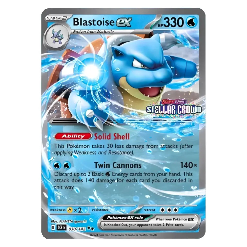 A single Pokémon trading card featuring Blastoise EX from the Stellar Crowdon expansion. The card has a gray border, blue and white water-themed artwork with a blue Blastoise character, and visible text including 'Blastoise EX', 'Nr.