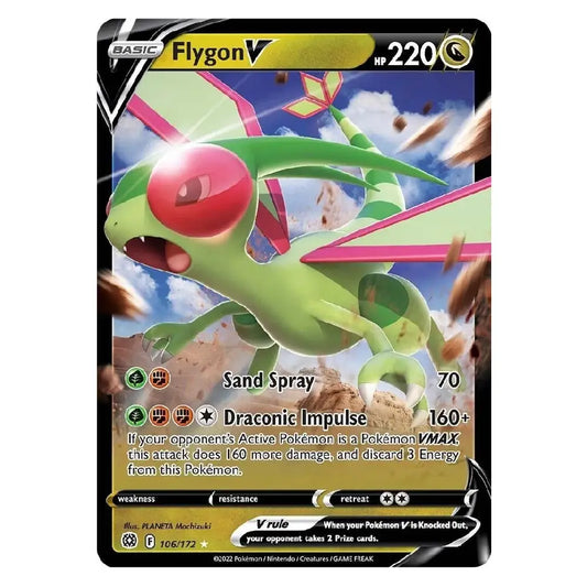 A single Pokémon trading card for Flygon V, shown against a plain white background. The card features artwork of a green dragon with a red eye and pink wing accents, with the text 'Flygon V', 'HP 220', 'Sand Spray', and 'Draconic Impulse' visible.