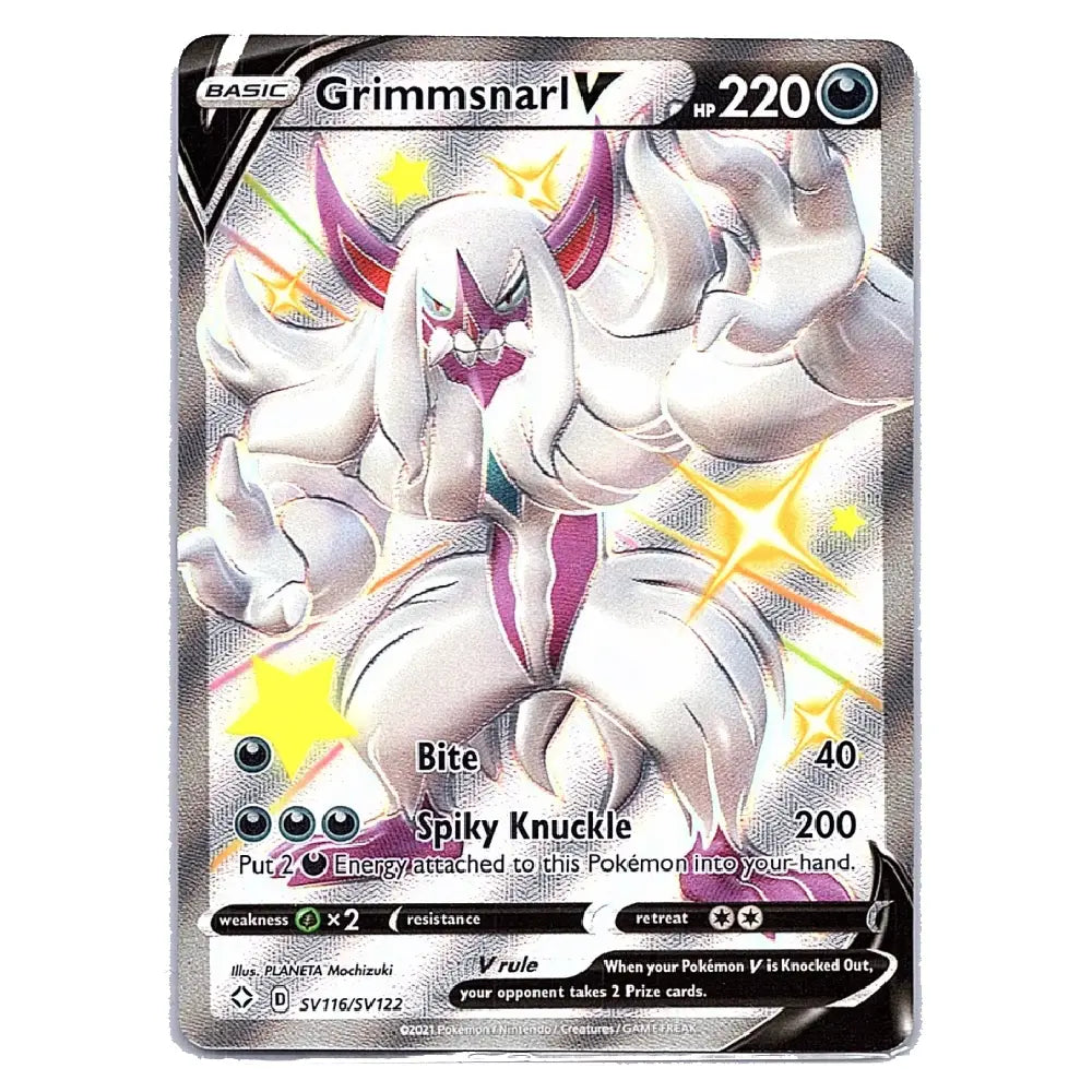 A holographic Pokémon TCG card of Grimmsnarl V, featuring a white creature with pink horns and yellow star energy effects, on a silver card border.