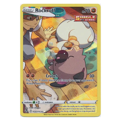A single Pokémon trading card for Rockruff from the Basic set, featuring artwork of Rockruff rolling in a puddle with a trainer in the background. The card has a yellow border and is photographed against a plain white background.