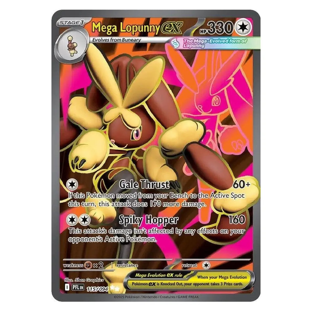A single Pokémon trading card featuring Mega Lopunny EX, with artwork of the creature in yellow and brown against a vivid pink and orange background. The card includes game text, type indicators, and a dark gray border.