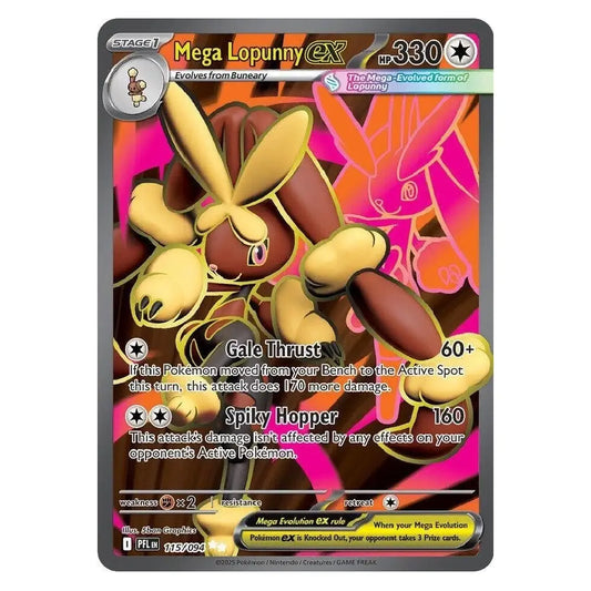 A single Pokémon trading card featuring Mega Lopunny EX, with artwork of the creature in yellow and brown against a vivid pink and orange background. The card includes game text, type indicators, and a dark gray border.