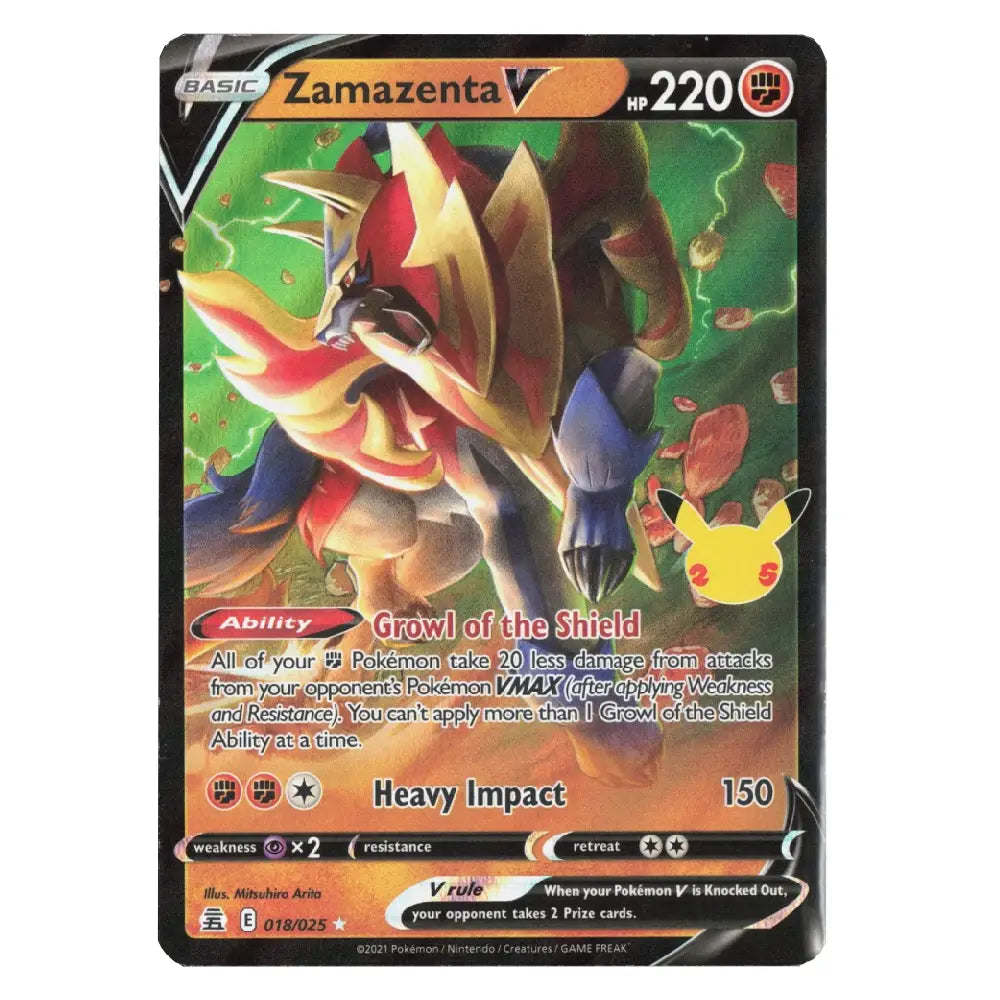 A single Pokémon trading card featuring Zamazenta V, shown against a plain white background. The card has a black border and displays artwork of a large armored creature with red, gold, and blue details, plus a small Pikachu illustration near the bottom right.