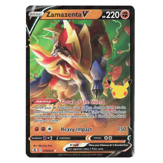 A single Pokémon trading card featuring Zamazenta V, shown against a plain white background. The card has a black border and displays artwork of a large armored creature with red, gold, and blue details, plus a small Pikachu illustration near the bottom right.