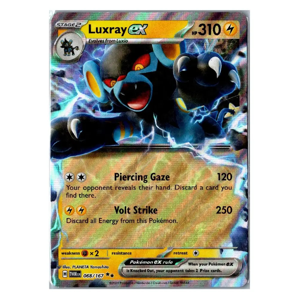 A holographic Pokémon TCG trading card featuring Luxray EX, a Stage 1 Electric Grouch from Luxio. The card has a dark blue and black illustration of the character surrounded by lightning, with a gold-colored energy cost bar and a beige battle score area below.