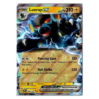 A holographic Pokémon TCG trading card featuring Luxray EX, a Stage 1 Electric Grouch from Luxio. The card has a dark blue and black illustration of the character surrounded by lightning, with a gold-colored energy cost bar and a beige battle score area below.