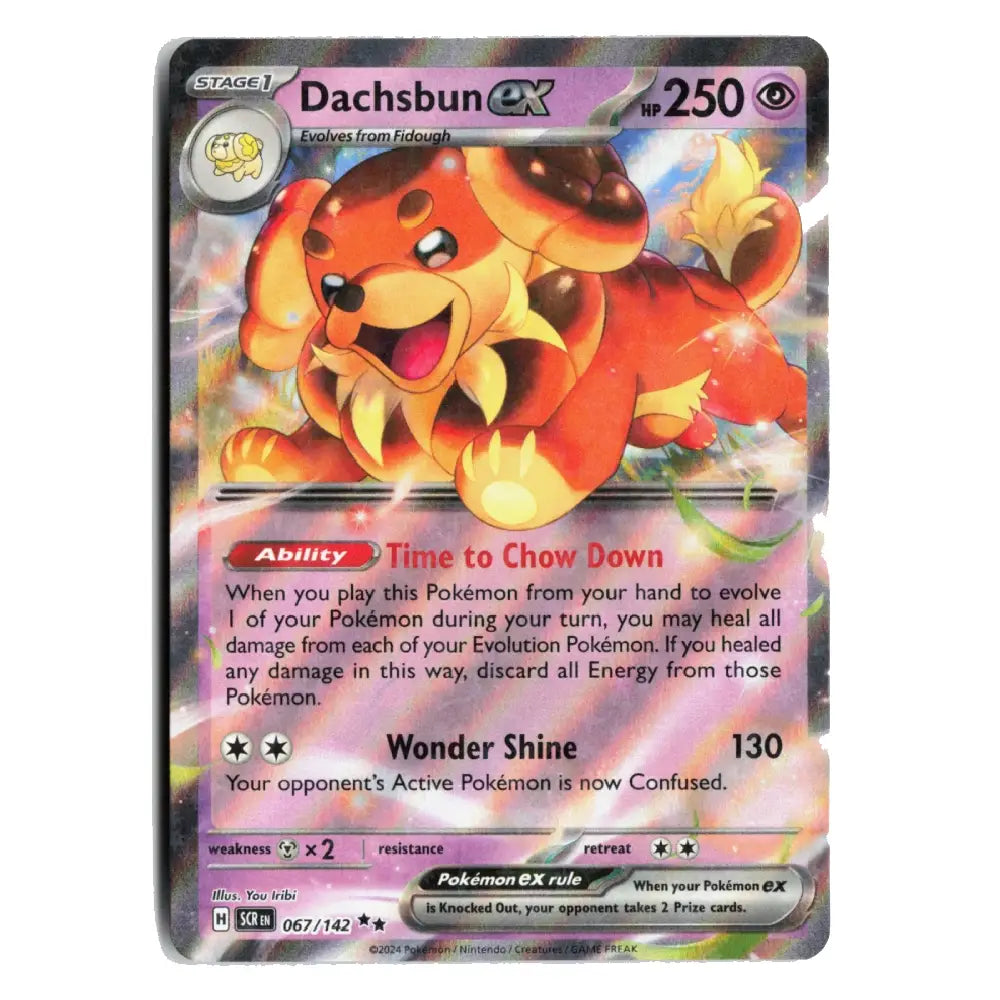 A single Pokémon trading card featuring Dachsbun EX, a Stage 1 Fire-type Pokémon. The card has a holographic silver border and displays the character with fiery orange and yellow fur against a light background.