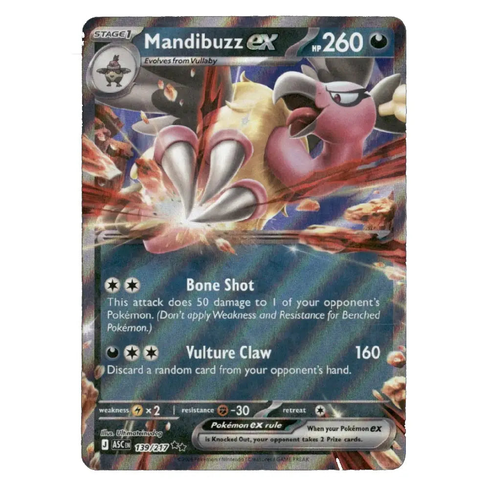 A single Pokémon trading card featuring Mandibuzz EX, shown against a plain white background. The card has a dark blue border with artwork of the pink-and-yellow bird creature in the center and text including 'Mandibuzz EX', 'hp 260', 'Bone Shot', and 'Vulture Claw'.
