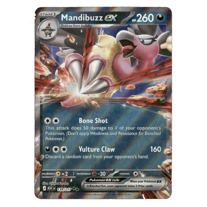 A single Pokémon trading card featuring Mandibuzz EX, shown against a plain white background. The card has a dark blue border with artwork of the pink-and-yellow bird creature in the center and text including 'Mandibuzz EX', 'hp 260', 'Bone Shot', and 'Vulture Claw'.