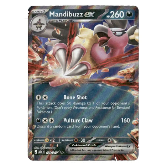 A single Pokémon trading card featuring Mandibuzz EX, shown against a plain white background. The card has a dark blue border with artwork of the pink-and-yellow bird creature in the center and text including 'Mandibuzz EX', 'hp 260', 'Bone Shot', and 'Vulture Claw'.