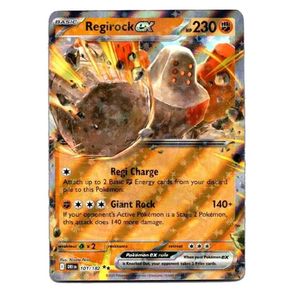 A single Pokémon trading card for Regirock EX, shown front-facing on a plain white background. The card features artwork of a gray stone-like Pokémon with glowing orange eyes and fiery orange/yellow effects, plus the text 'Regirock EX', '230', and card rules text.