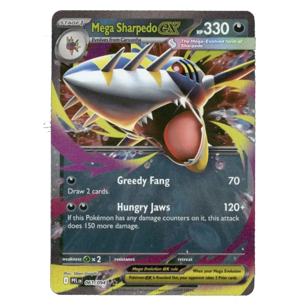 A single Pokémon trading card featuring Mega Sharpedo EX, with artwork of the creature in a dynamic pose and card text including 'Greedy Fang' and 'Hungry Jaws'.