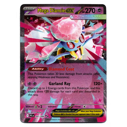 A single Pokémon trading card for Mega Diancie EX, featuring artwork of the Pokémon with pink diamond-like body parts and a dark blue/purple background. The card includes game text, attack text, and a holographic foil edge.