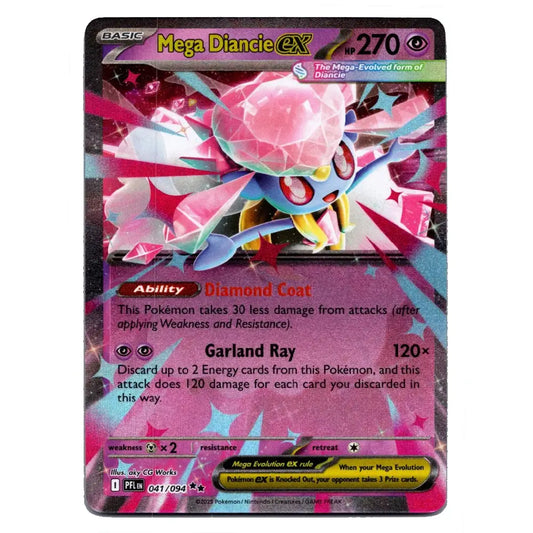 A single Pokémon trading card for Mega Diancie EX, featuring artwork of the Pokémon with pink diamond-like body parts and a dark blue/purple background. The card includes game text, attack text, and a holographic foil edge.