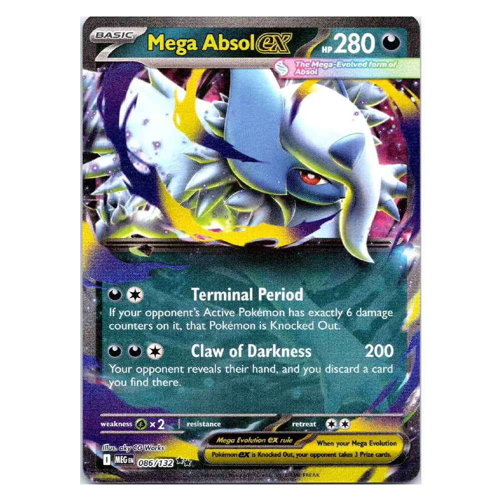 A single Pokémon trading card featuring Mega Absol, with the card name, type, HP, and attack text visible on a dark illustrated background.